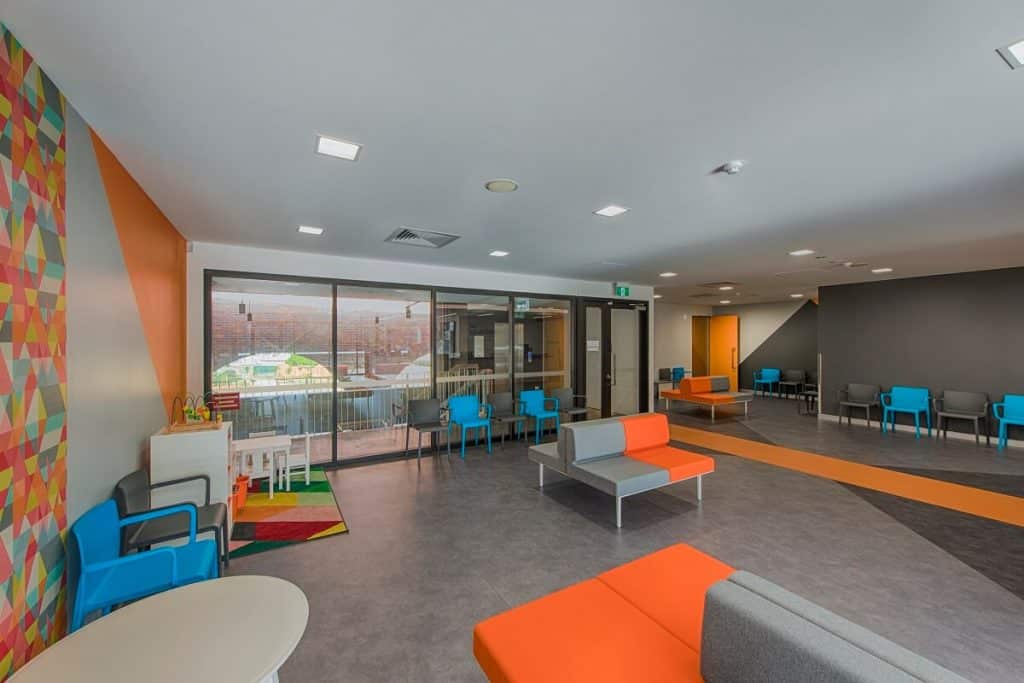 X Radiology Brisbane fitout - brightly coloured reception