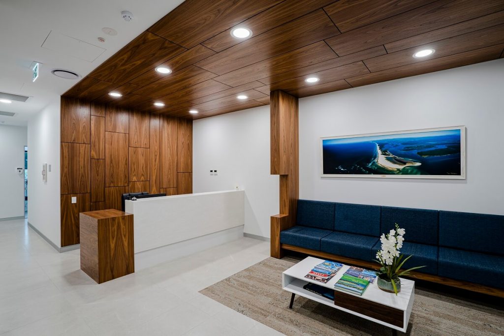 Timber panelling gives this dental practice a high end look