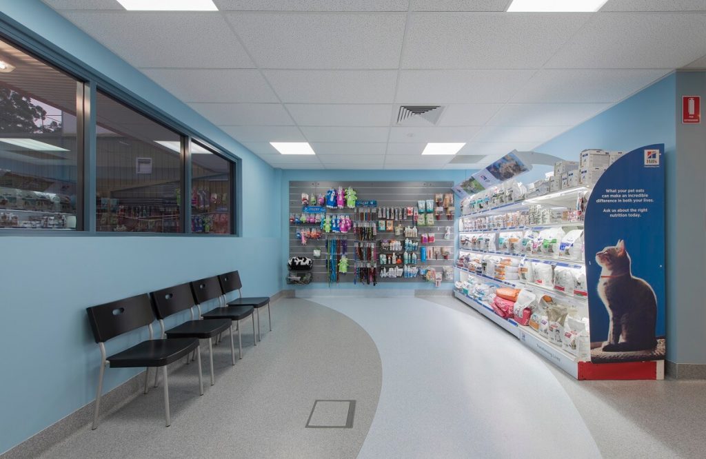 Veterinary practice waiting area with extended retail section