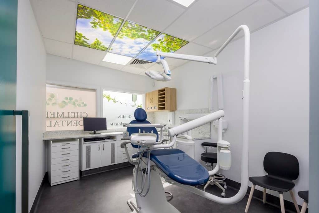 Dental surgery with decorative skylight above dental chair